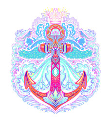 Fototapeta premium Hand drawn vintage label with an anchor and other decorative elements. Isolated vector illustration. Tattoo, travel, adventure, meditation symbol.