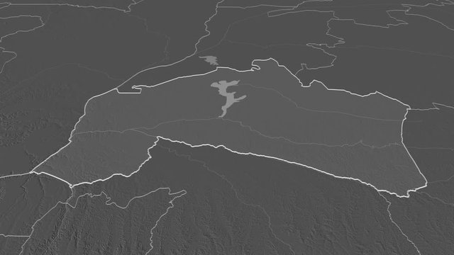 Ma&iuml;-Ndombe, province with its capital, zoomed and extruded on the bilevel map of Congo Kinshasa in the conformal Stereographic projection. Animation 3D