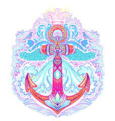 Fototapeta premium Hand drawn vintage label with an anchor and other decorative elements. Isolated vector illustration. Tattoo, travel, adventure, meditation symbol.