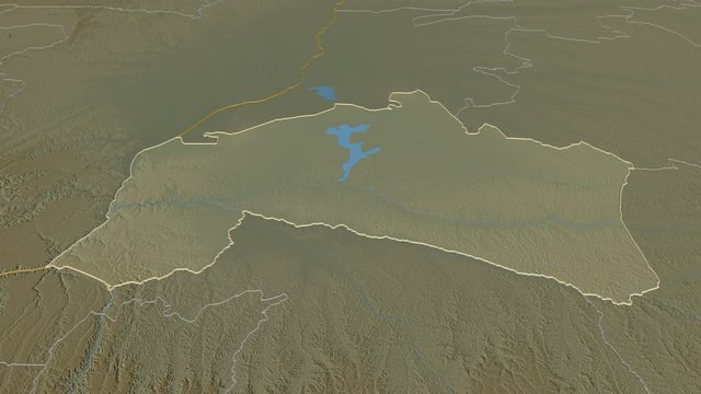 Ma&iuml;-Ndombe, province with its capital, zoomed and extruded on the relief map of Congo Kinshasa in the conformal Stereographic projection. Animation 3D