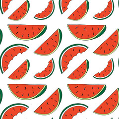 Seamless pattern with hand drawn red watermelon fruits on white background. illustration for fabric, textile, wrapping paper and other decoration design.