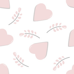Pink heart and branches seamless pattern background. Geometric heart on white background for card, invitation, album, sketch book, scrapbook, holiday wrapping paper, textile fabric, garment etc.