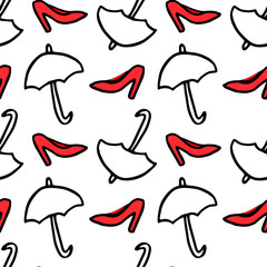 Beauty seamless pattern on a white background. Women's red shoes and umbrella. Hand drawing black outline design elements. Feminine illustration. autumn is comming.