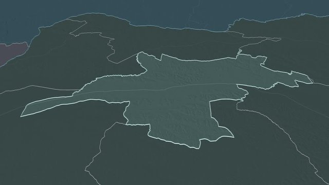 Mongala, province with its capital, zoomed and extruded on the administrative map of Congo Kinshasa in the conformal Stereographic projection. Animation 3D