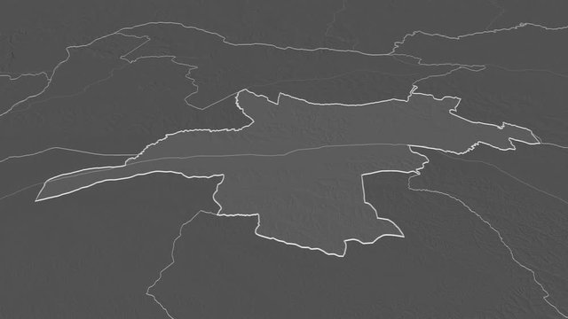 Mongala, province with its capital, zoomed and extruded on the bilevel map of Congo Kinshasa in the conformal Stereographic projection. Animation 3D