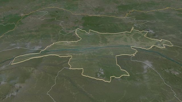Mongala, province with its capital, zoomed and extruded on the satellite map of Congo Kinshasa in the conformal Stereographic projection. Animation 3D