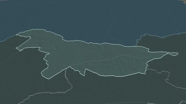 Nord-Ubangi, province with its capital, zoomed and extruded on the administrative map of Congo Kinshasa in the conformal Stereographic projection. Animation 3D
