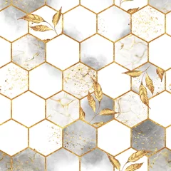 Deurstickers Marmeren hexagons Marmeren zeshoek naadloze textuur met gouden bladeren. Abstracte achtergrond