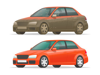Dirty and clean car on a white background. Vehicle before and after car wash. Vector illustration