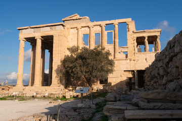 Athens, Greece - Dec 20, 2019: Erechtheion Temple with Caryatids, Caryatid Porch, Acropolis,...