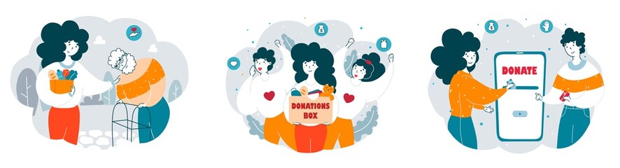 Charity organization activists at work flat vector illustrations set