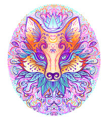 Cute fox face over psychedelic ornate pattern. Character tattoo design for pet lovers, artwork for print, textiles. Detailed vector illustration. Totem animal.