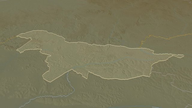 Nord-Ubangi, province with its capital, zoomed and extruded on the relief map of Congo Kinshasa in the conformal Stereographic projection. Animation 3D