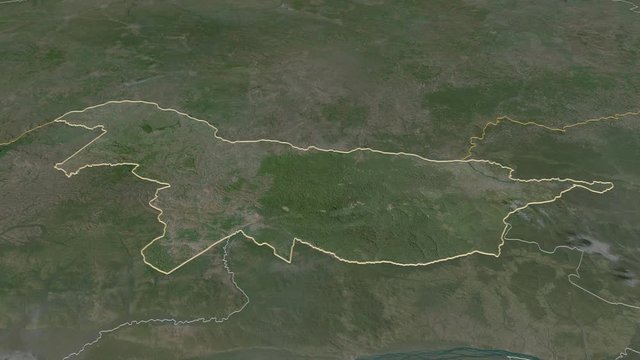 Nord-Ubangi, province with its capital, zoomed and extruded on the satellite map of Congo Kinshasa in the conformal Stereographic projection. Animation 3D