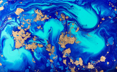 Night blue sky with stars imitation. Acrylic fluid art. Marble blue and gold pattern.