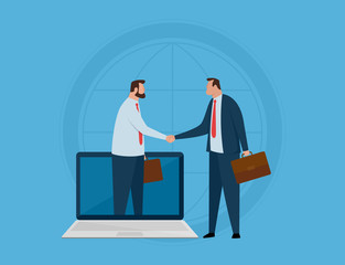 Global business and cooperation concept. Business partners shaking hands through laptop monitor. Vector illustration.