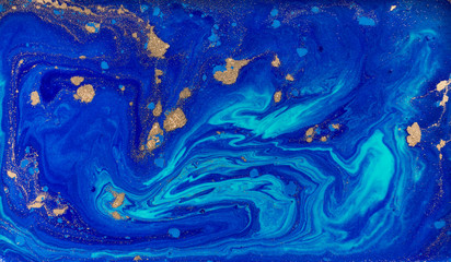 Night blue sky with stars imitation. Acrylic fluid art. Marble blue and gold pattern.