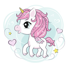 Cute little unicorn character on mint colored background. Vector. © trikenirreligious
