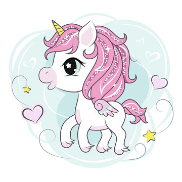 Cute little unicorn character on mint colored background. Vector.