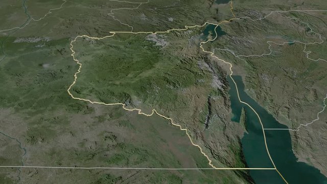 Sud-Kivu, province with its capital, zoomed and extruded on the satellite map of Congo Kinshasa in the conformal Stereographic projection. Animation 3D