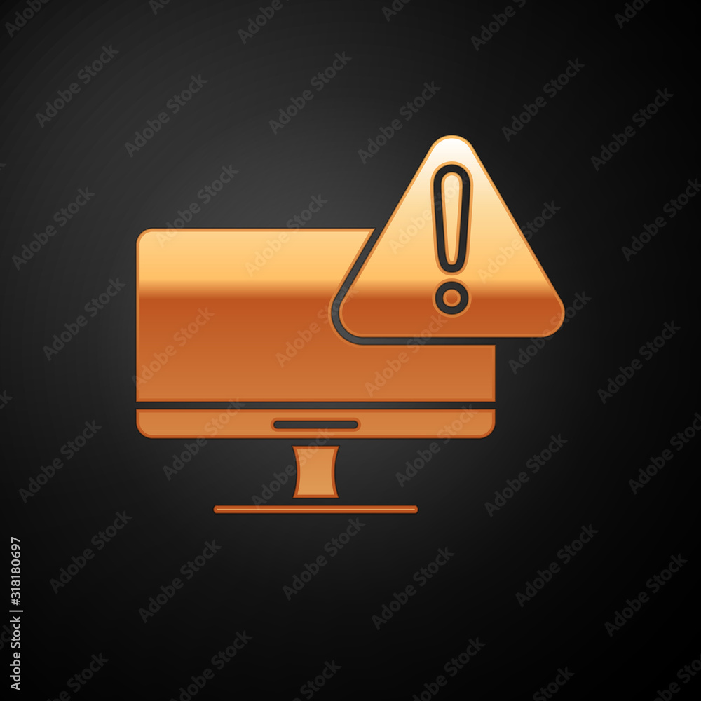 Poster gold computer monitor with exclamation mark icon isolated on black background. alert message smartph