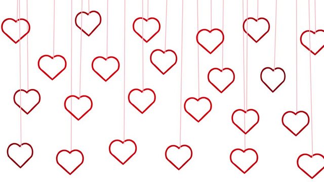 Animated red hearts shapes hanging from threads on white background
