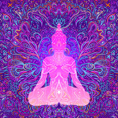 Sitting Buddha over colorful neon background. Vector illustration. Psychedelic mushroom composition. 60s hippie colorful art.