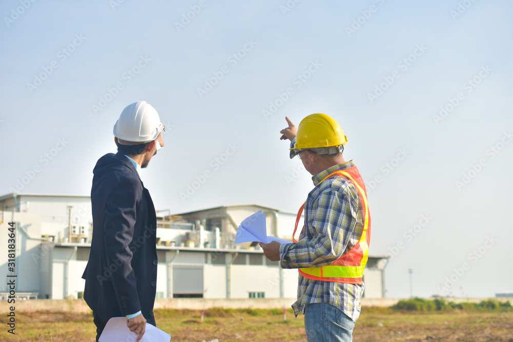 Poster project manager taking with engineer construction plan project building factory construction