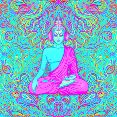 Sitting Buddha over colorful neon background. Vector illustration. Psychedelic mushroom composition.