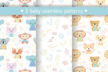 Set of vector seamless baby patterns with cute animals