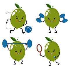 Lime, a set of cute, attractive, funny characters involved in sports, kettlebell, ball, barbell, tennis.