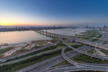 city highway interchange in shanghai on traffic rush hour