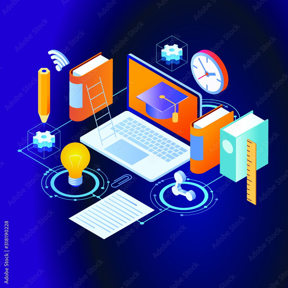 Poster laptop book electronic library and cloud computing conceptual images. modern design concept of onlin