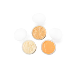 Three dip sauces in a plastic take away container