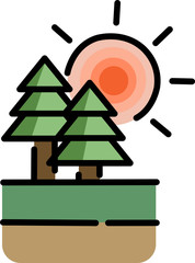 Flat Tree and Sun Landscape View Icon