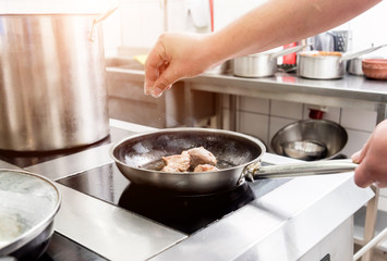 Chef cooks fried potatoes with pieces of meat in a restaurant kitchen