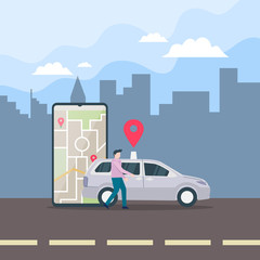 BCar sharing illustration concept. online taxi or rent transportation using smartphone service application with character. Route points location on gps map for landing page, banner, web, UI, flyer