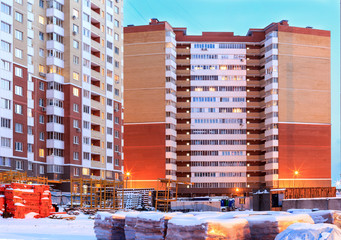House construction and crane Proletarskay street in Zheleznodorozhny town in Moscow Oblast, Russia....