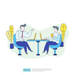 businessman idea and meeting teamwork. Business illustration of brainstorm or group discussion concept with man character and laptop in the workplace desk office. Vector illustration in flat style.