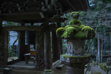 Japanese lantern covered with green moss and pavilion