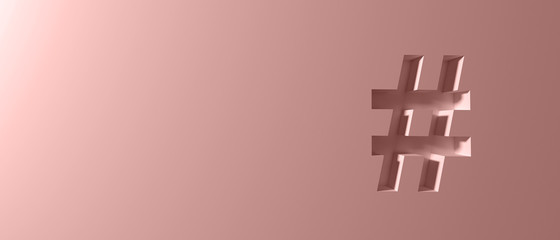 Hashtag sign on red wall background, banner, copy space. 3d illustration