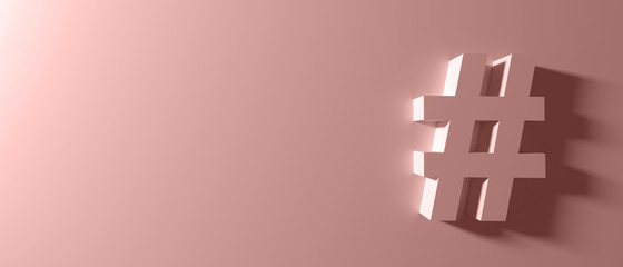 Hashtag sign on red wall background, banner, copy space. 3d illustration