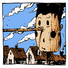 Portrait of a wooden boy with a long nose, against a background of nebas clouds and houses. Color illustration, can be useful in publications, packaging design, on posters and banners.