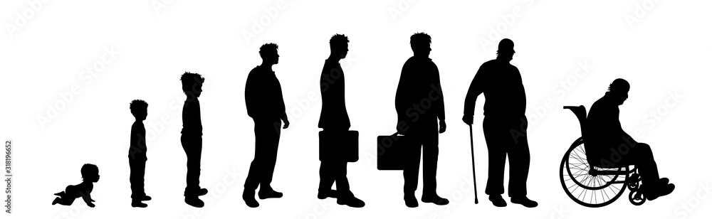 Wall mural vector silhouette of man in different age on white background. symbol of generation from child to ol