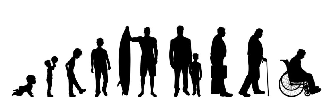 Vector silhouette of man in different age on white background. Symbol of generation from child to old person.