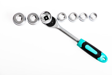 Ratchet wrench. Steel made no skid threaded handle hold firmly without slipping. Universal socket...