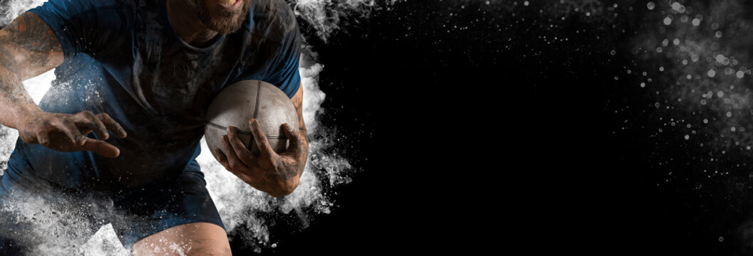 Rugby football player. Sports banner