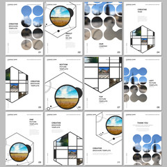 A4 brochure layout of covers templates for flyer leaflet, A4 brochure design, report, presentation, magazine cover, book design. Abstract smart technology design with hexagons and place for photo.