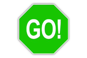 Digitally generated "GO!" sign on the white background.