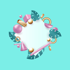 3d rendered illustration with flying geometric shapes and tropical leaves. Background for product design or text presentation layout. Balls, cylinders, pink and metallic gold. Vector template for post